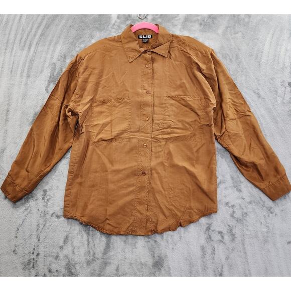 Vintage CLIO Long Sleeve Button Front Silk Blouse Size 14 Brown Copper Office - Picture 1 of 11